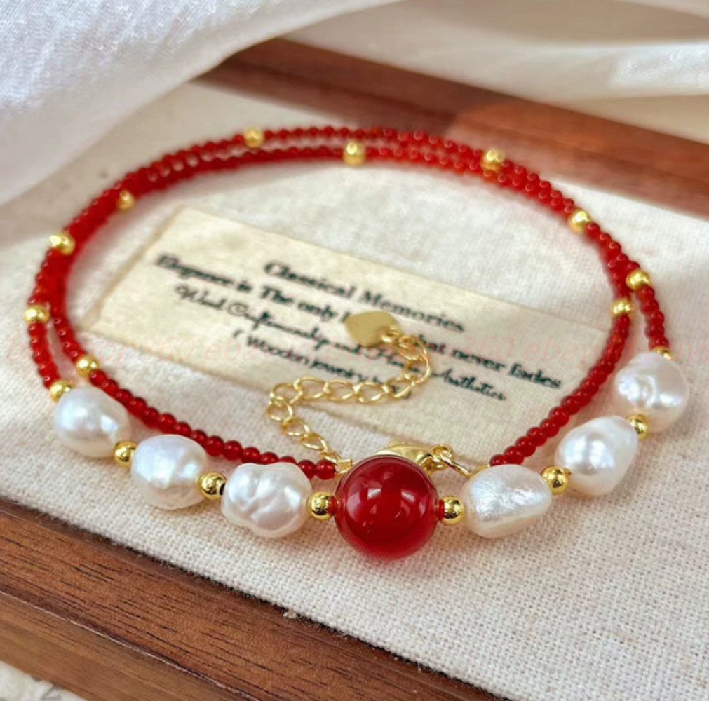 Natural Pretty 4mm Red Jade White Baroque Pearl Gems Round Bead Necklace 16-24in