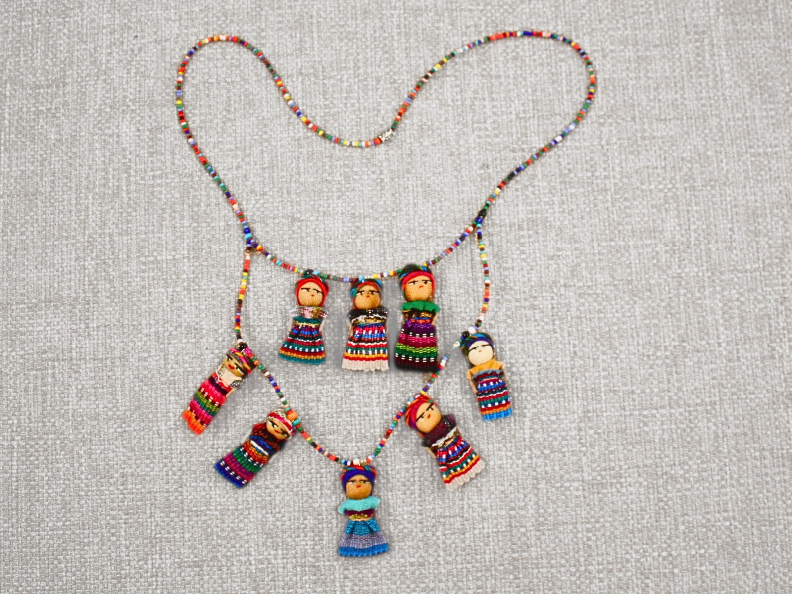 Handmade Guatemalan Mayan Beaded Worry Doll Necklace, Colorful Folk Art Jewelry