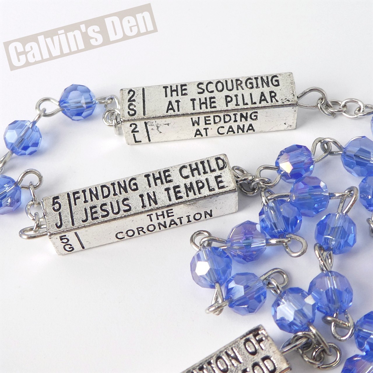 Mysteries of the Rosary Devotional Metal Bead Blue Crystal Necklace Crucifix