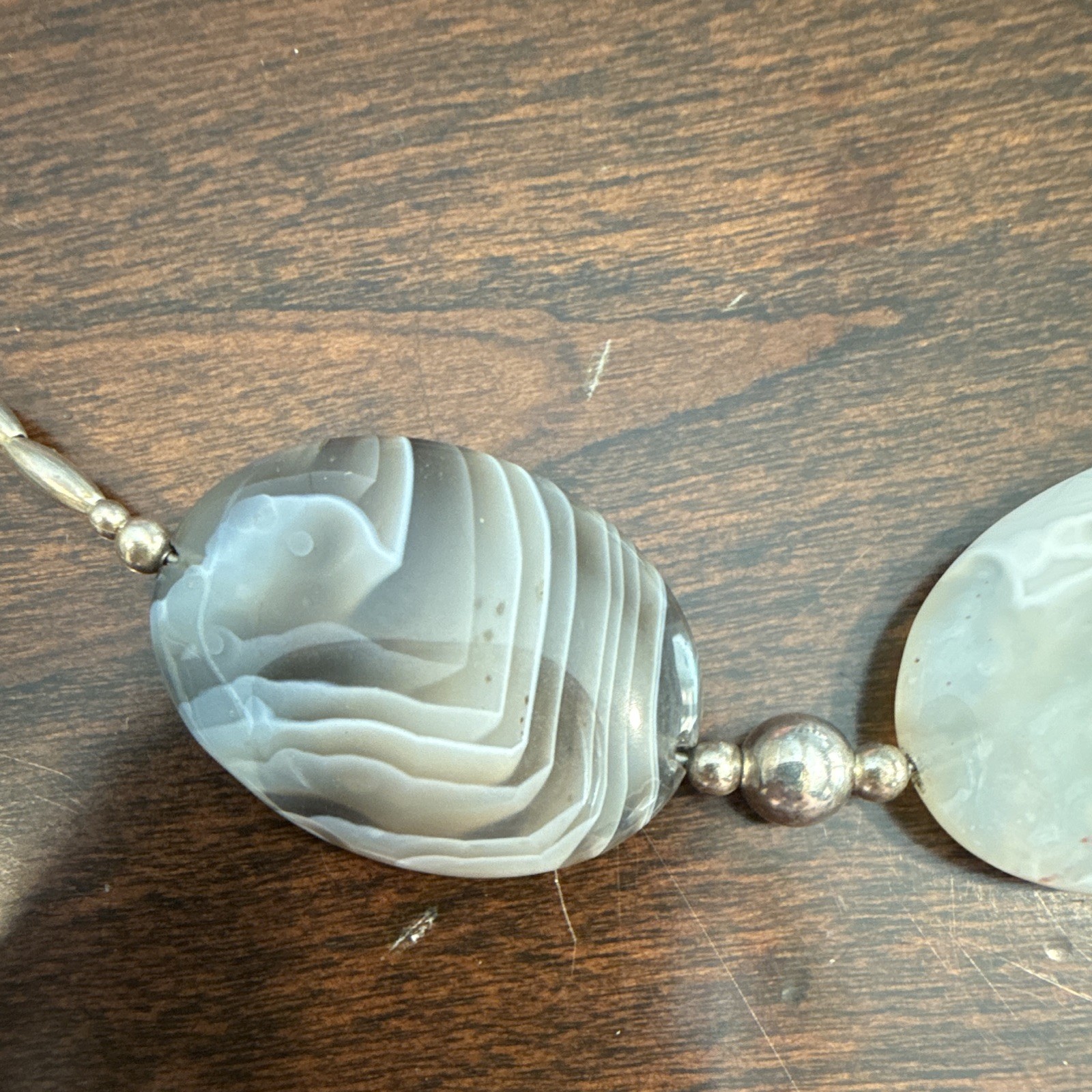 Gray & White Agate Beaded Necklace, Oval Beads, Adjustable, Lobster Clasp