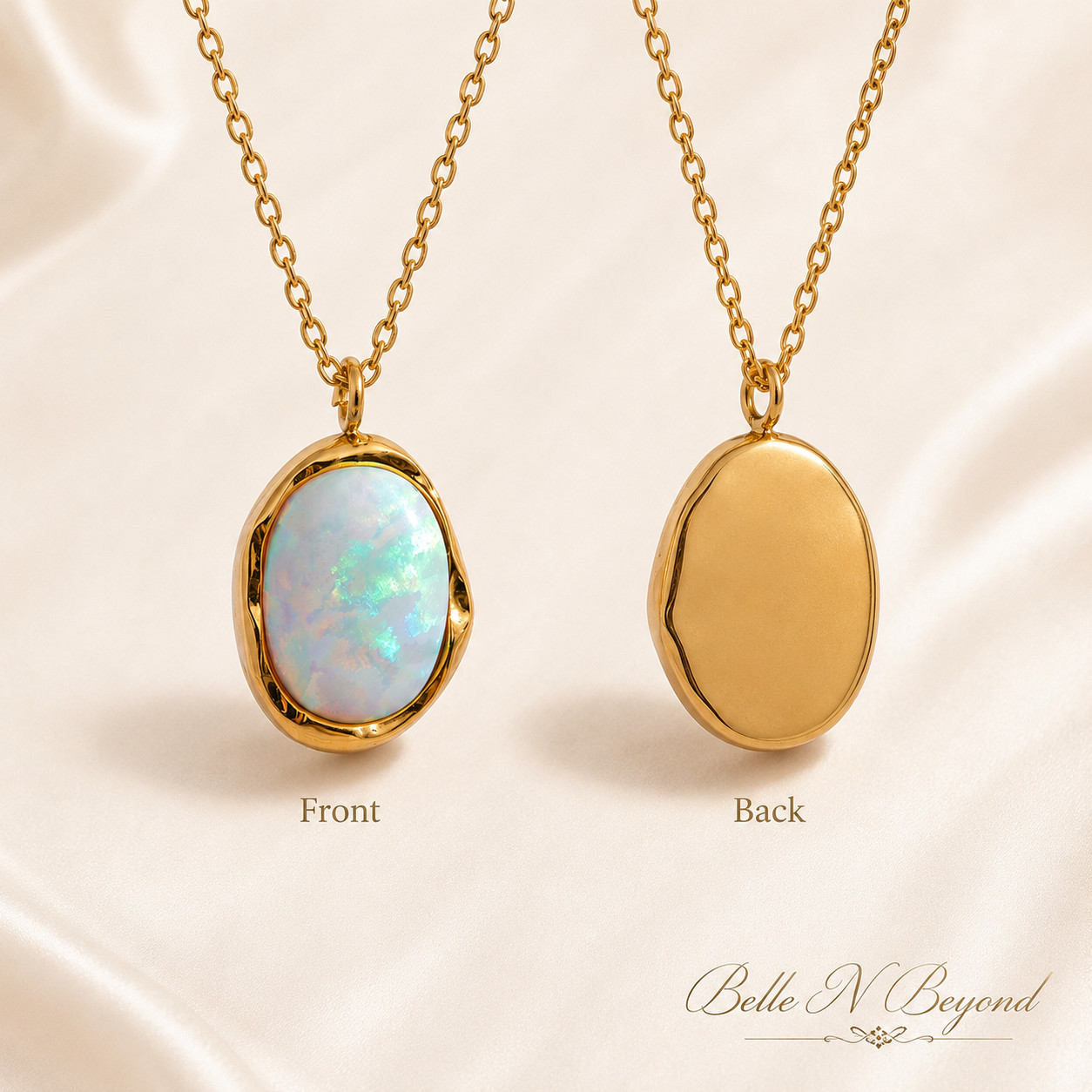 Iridescent Opal Pendant Necklace Gold Silver Tone Stainless Steel 40+5cm
