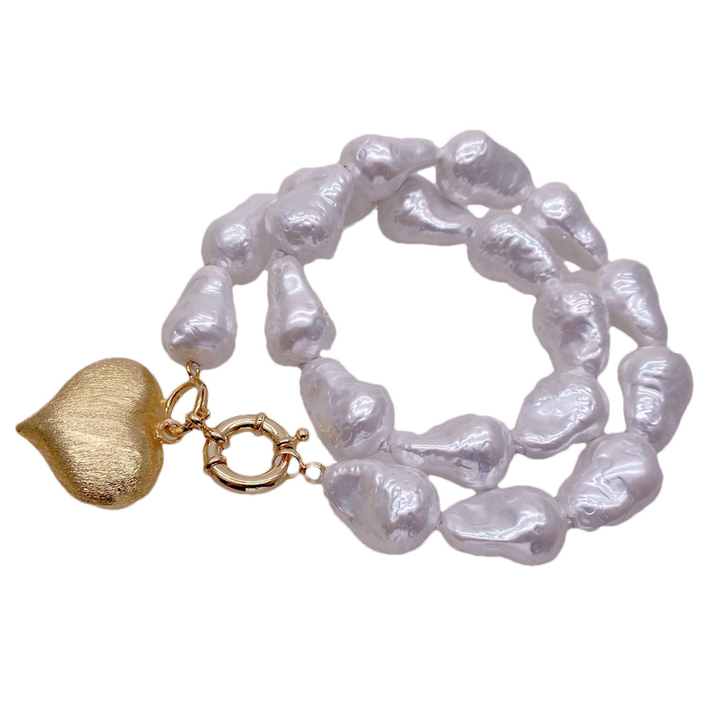 White Sea Shell Baroque Necklace Brushed Heart Pendant