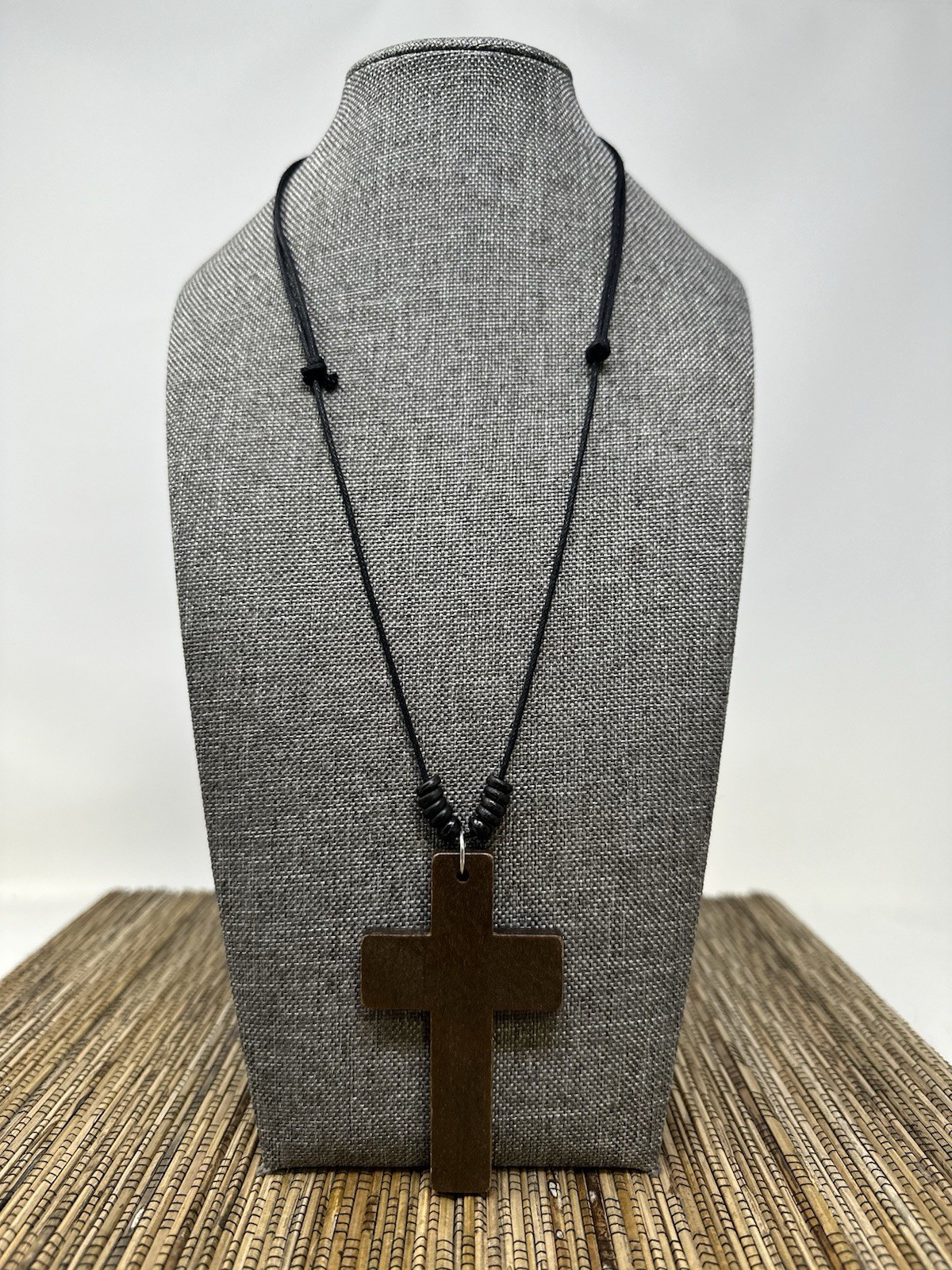 Wooden Cross Necklace 3in Brown Pendant Adjustable 16‑30in Sliding Knots Unisex