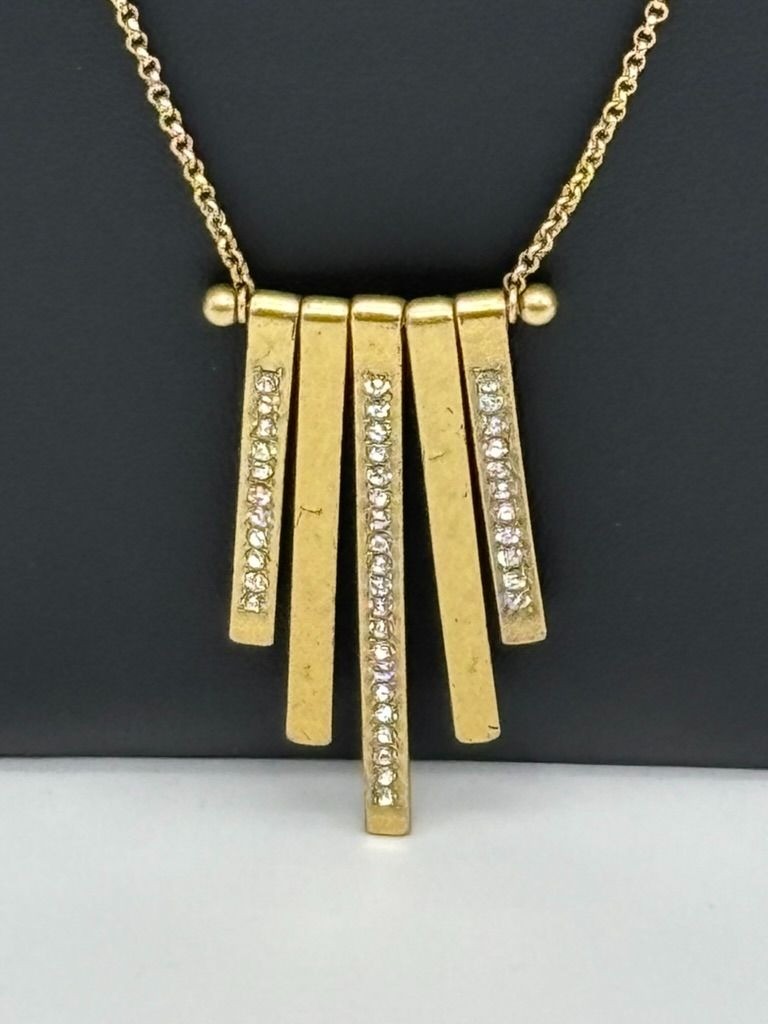 J. Crew Long Brass Gold-Tone Necklace Dangling Vertical Bar Charms W Rhinestones