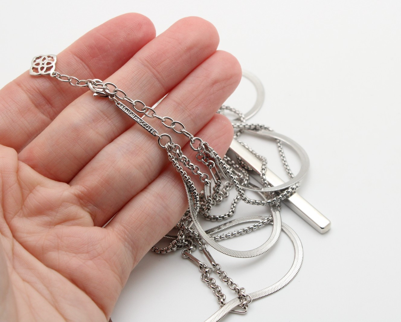 Kendra Scott Silver Tone Box Herringbone Rolo Paperclip Chain Crystal Necklace