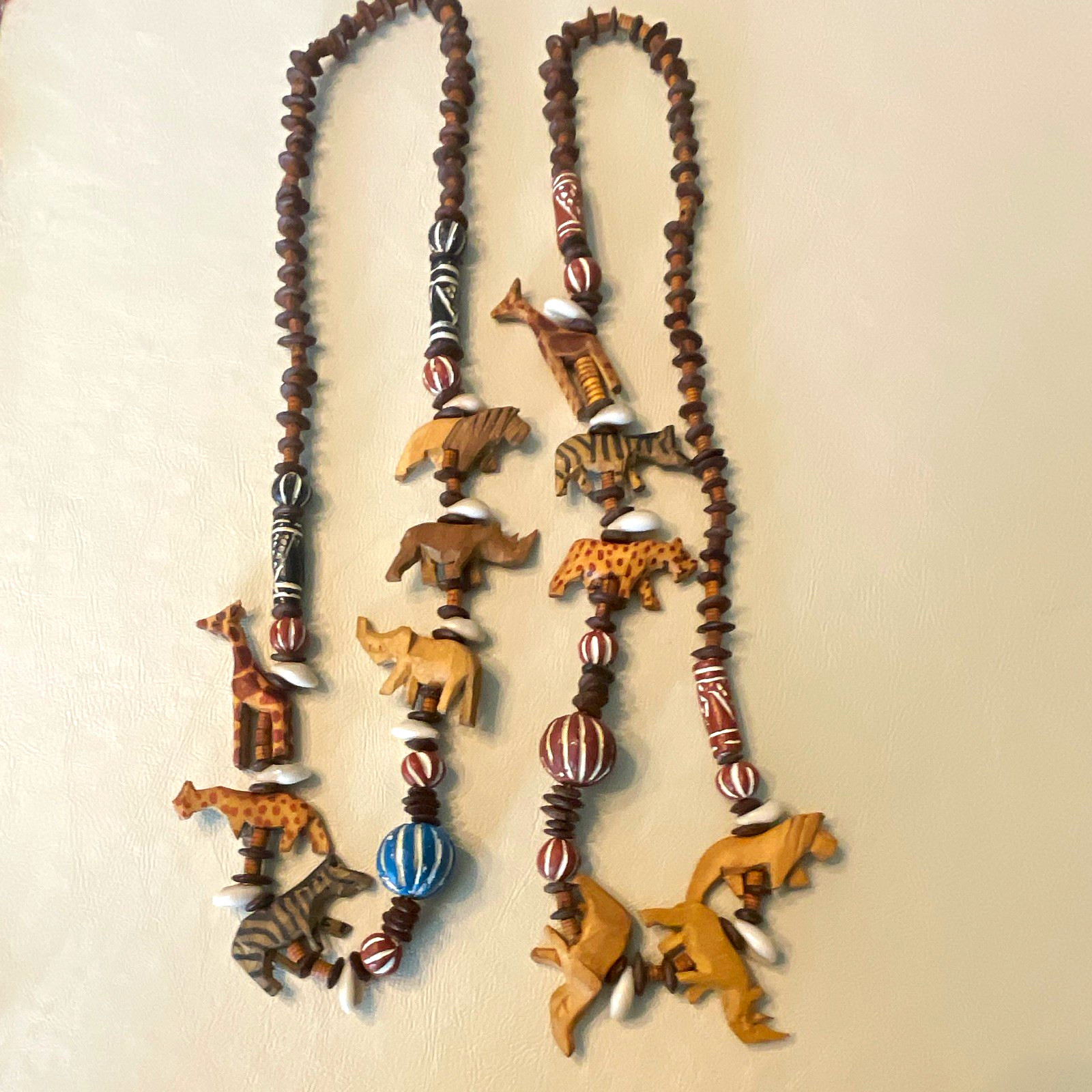 Lot of 2 Handcrafted Wood Beaded Necklaces w/ Animal Charm Pendants