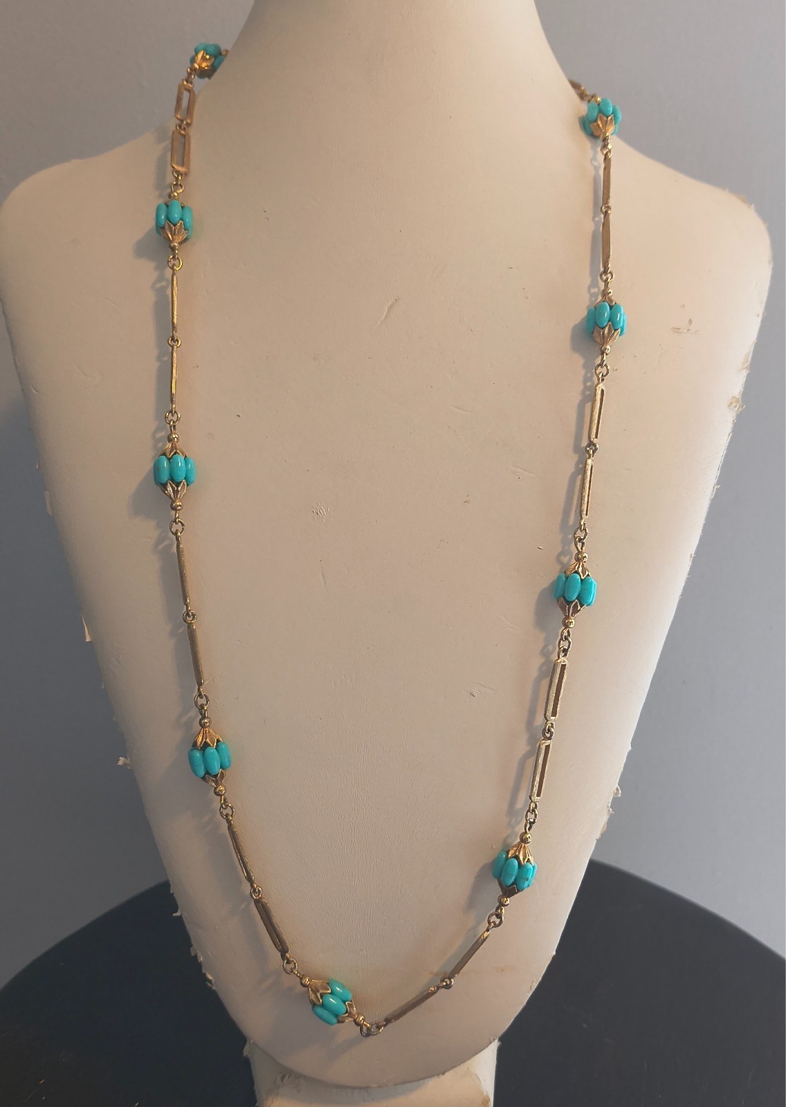 Vintage Gold Tone and Turquoise colored Bead Station Necklace