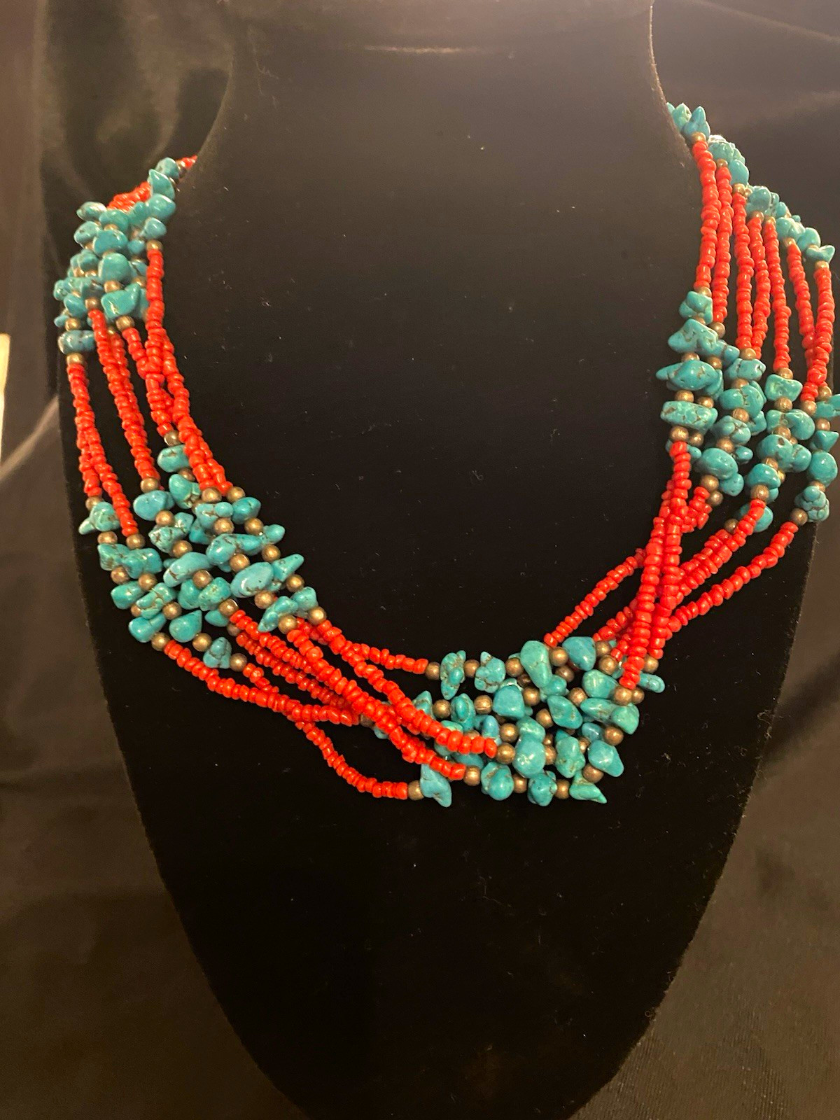 Multi-Strand Beaded Statement Necklace Orange Blue Silver Tone Hook Clasp
