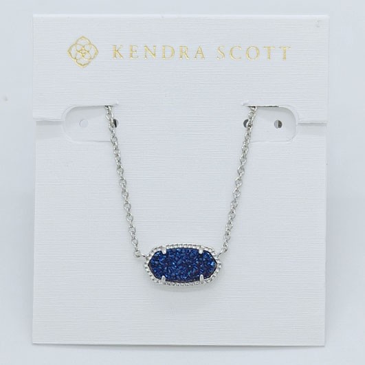 New Kendra Scott Elisa Silver Pendant Necklace In Dark Blue Drusy