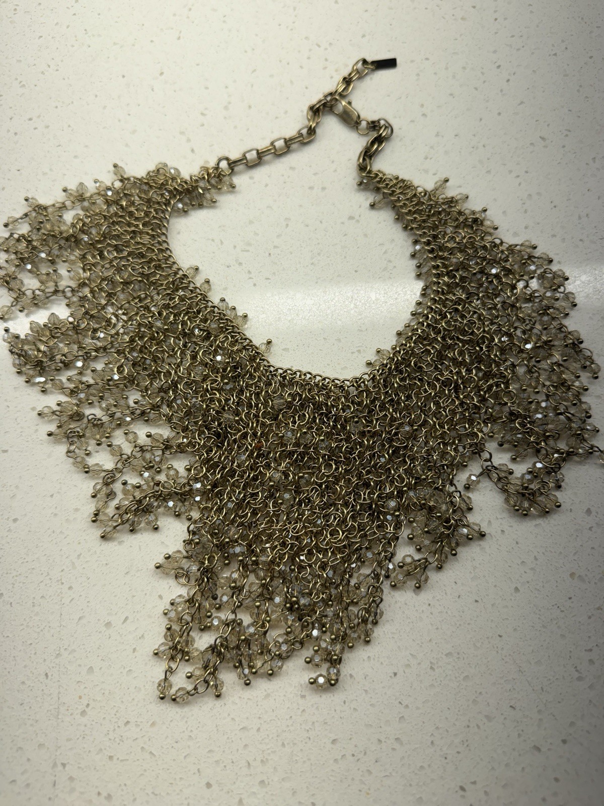Zara Gold Tone Crystal Beaded Fringe Bib Statement Necklace 16”