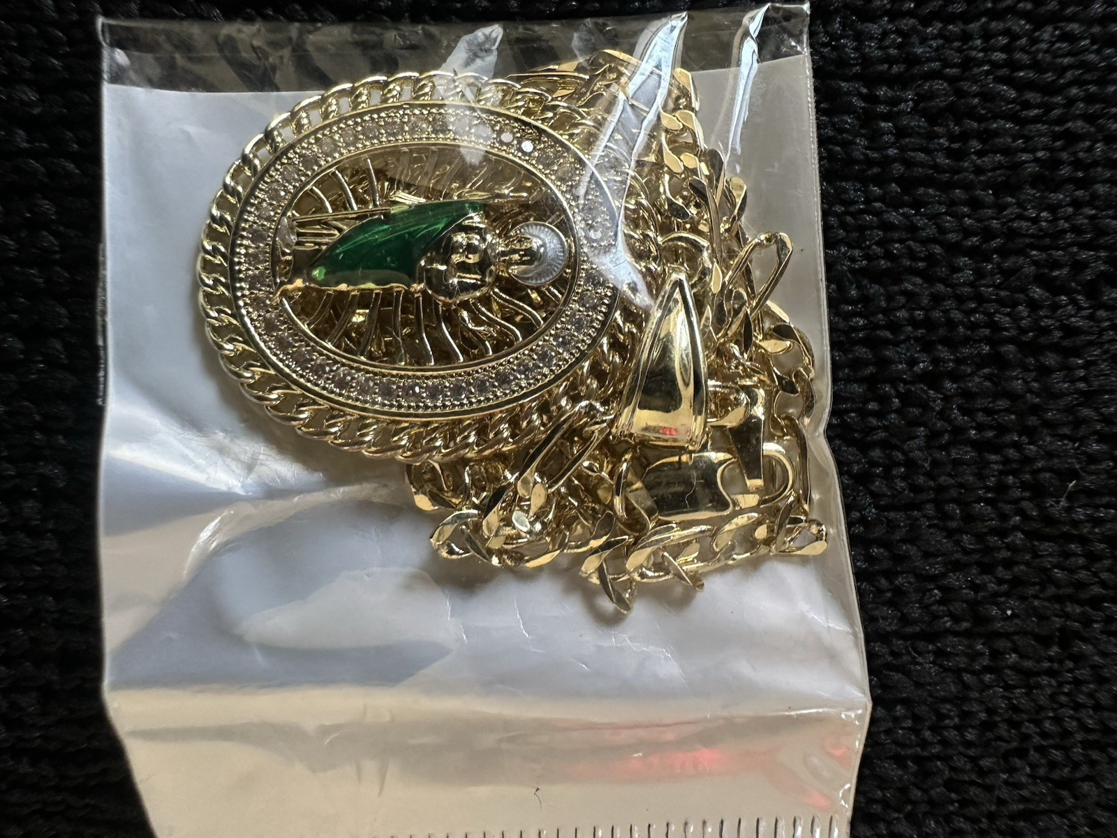Gold Plated Gold Tone Rope Chain Necklace Oval Religious Charm Pendant CZ
