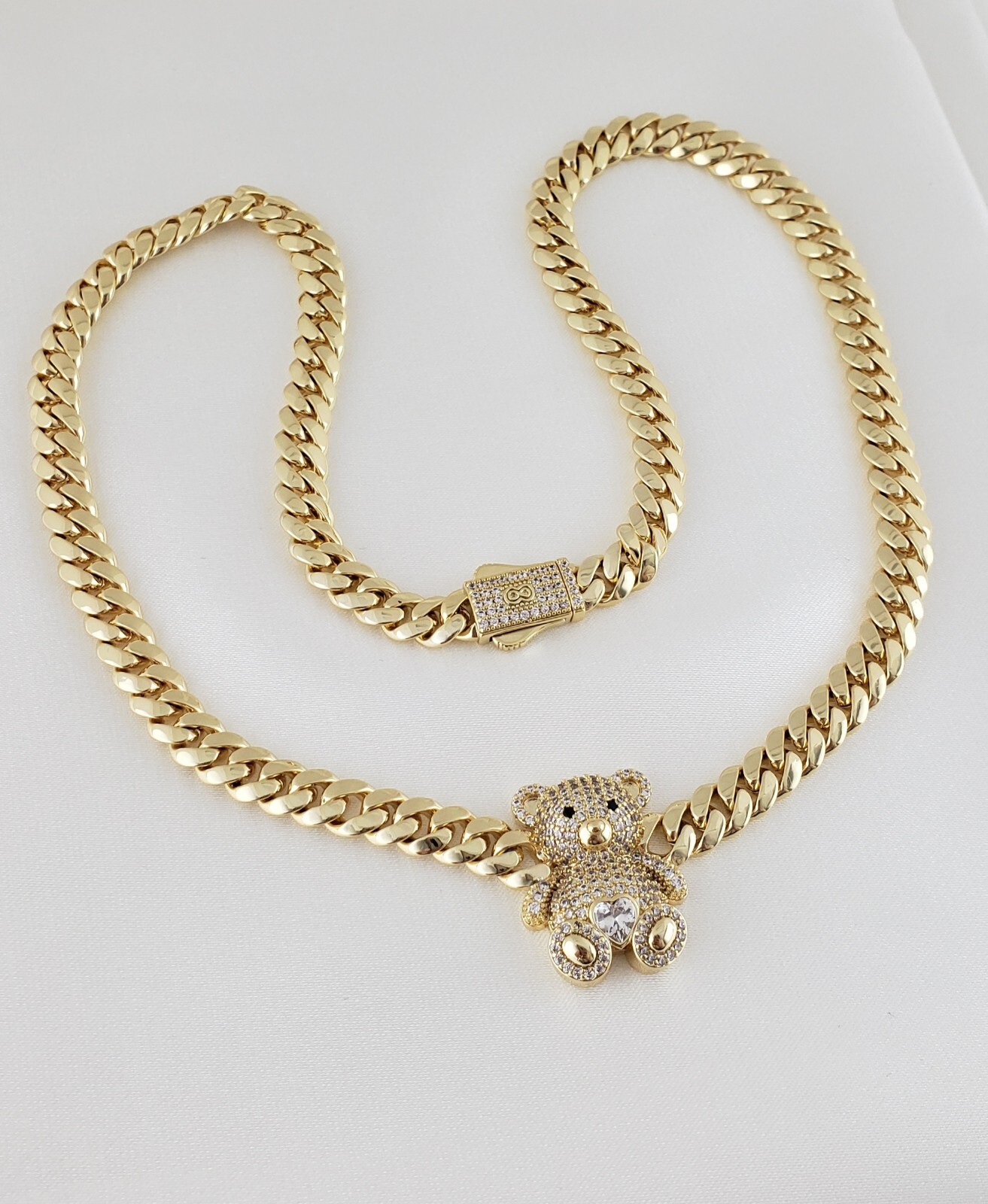 14K Gold Plated Cz Bear Cuban Choker Chain Necklace And Bracelet Set
