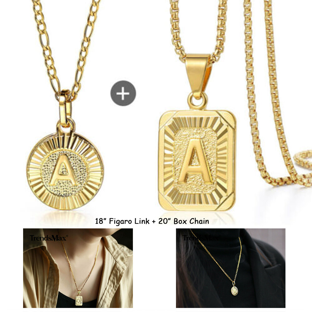2Pcs Gold Plated Initial Letter Pendant Necklace Link 18″ Figaro + 20″ Box Chain