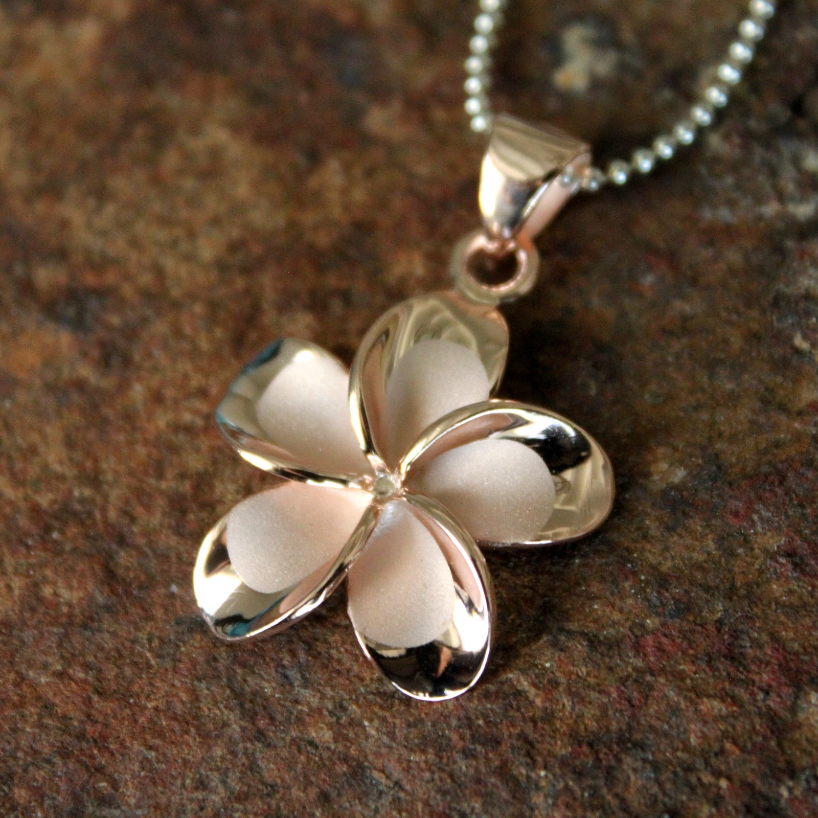 22mm Large Rose Gold Plumeria Hawaiian Flower Silver Pendant Necklace SP66069