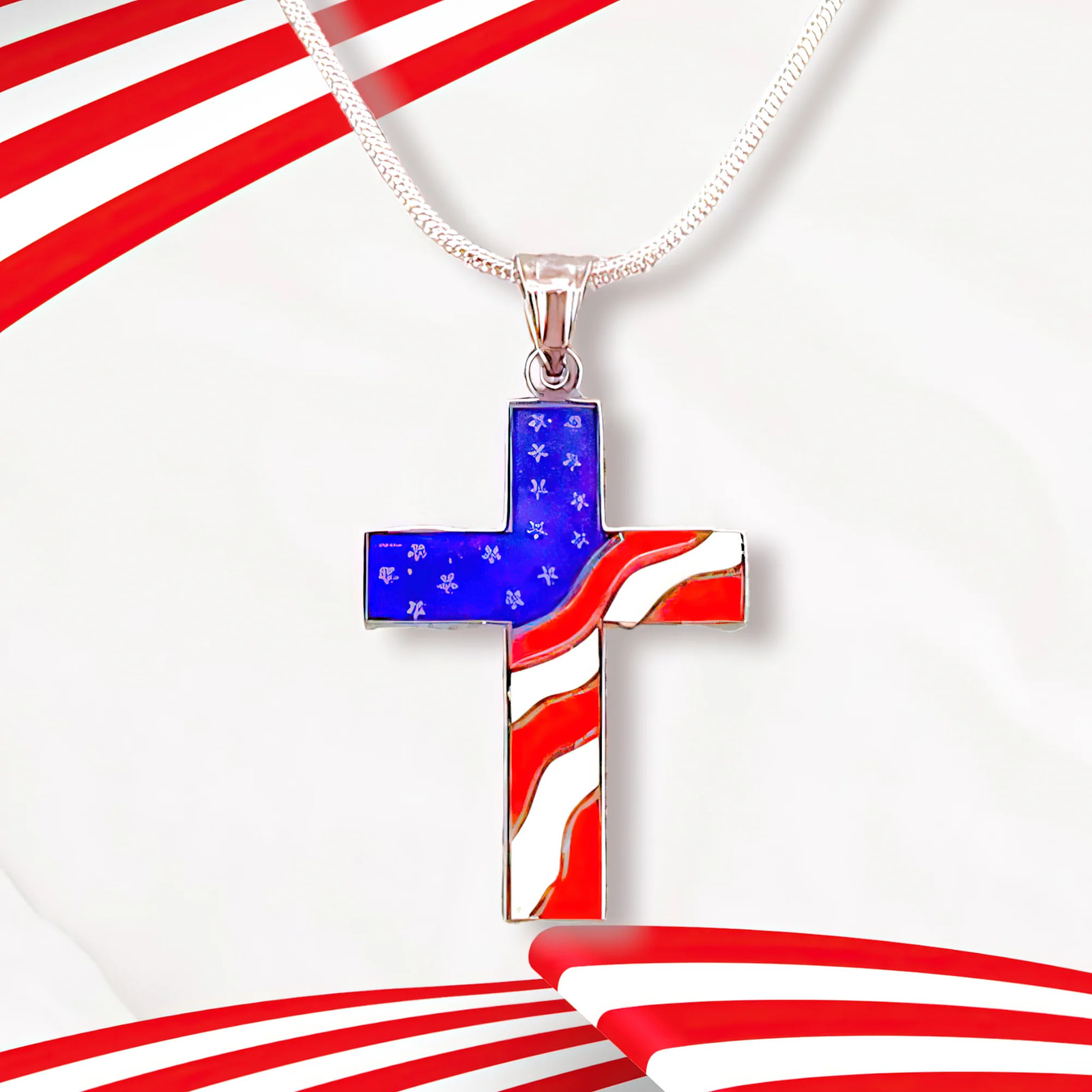 American Flag Cross Independence Day 4th of July Necklace