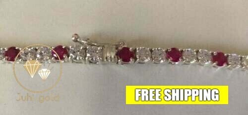 Deli1cate 14K White Gold Plated 12.0CT Round Simulated Ruby Tennis Necklace 16”