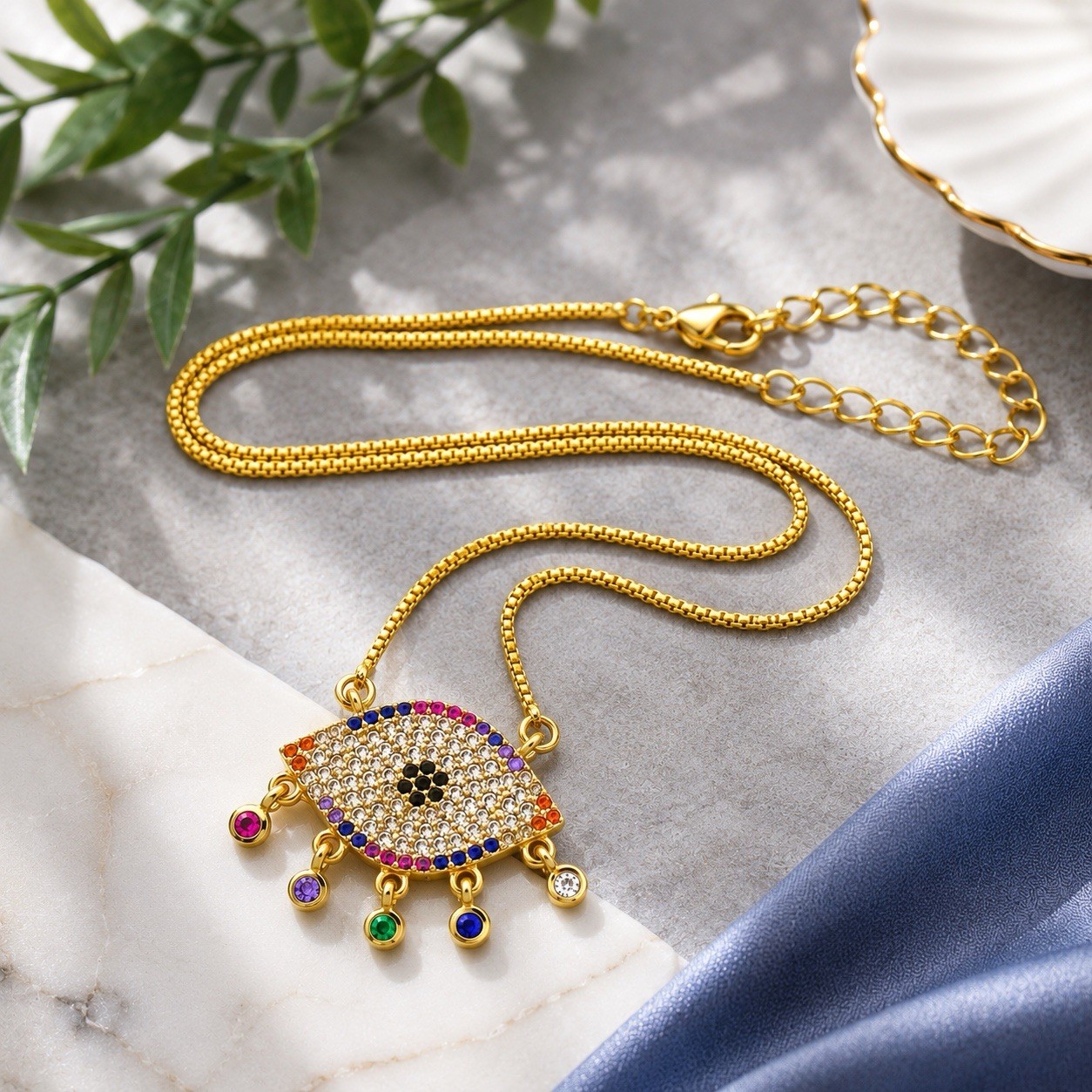 Gold Tone Evil Eye Pendant Necklace with Colorful CZ Stones Adjustable Chain
