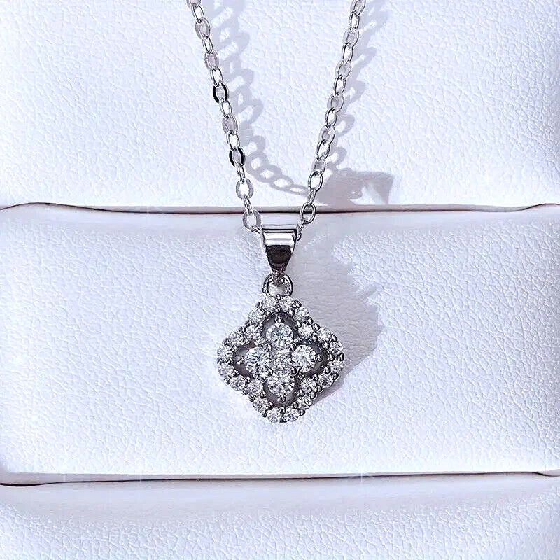 Simple Design Four Leaf Clover Crystal Pendant Necklace Silver Plated Trendy New