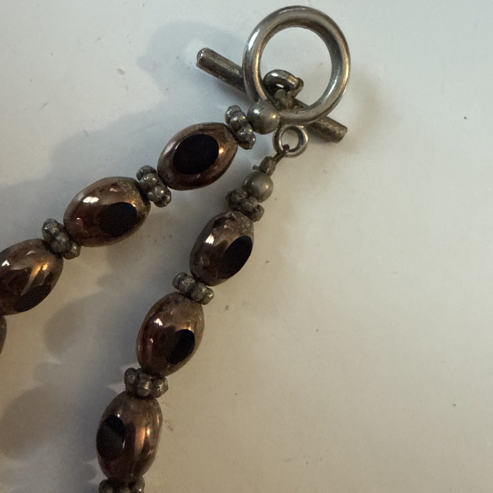 BROWN BRONZED ABALONE SHELL Necklace Beaded Silver Tone Spacers Toggle Clasp