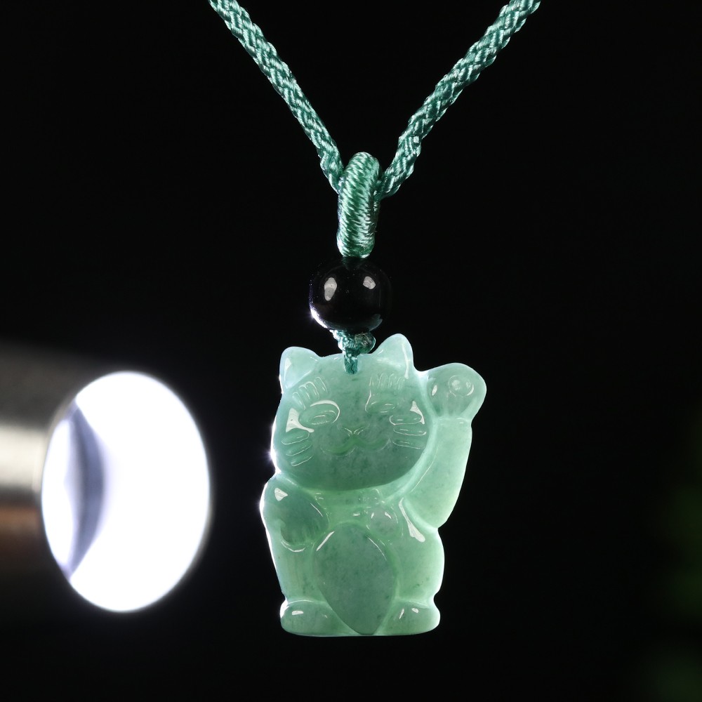 Certified Grade A Green 100% Natural Jadeite Jade Pendant Lucky Money Cat A10400