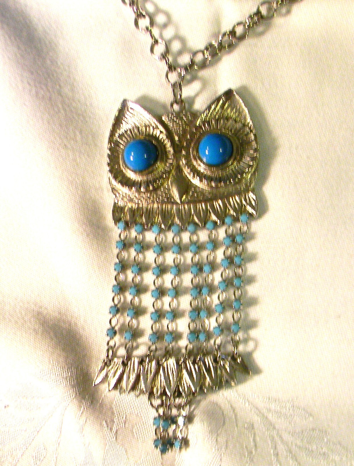 Silver Tone 24″ Necklace Great Horned Owl W/ Faux Turquoise – Fold-Over – #46