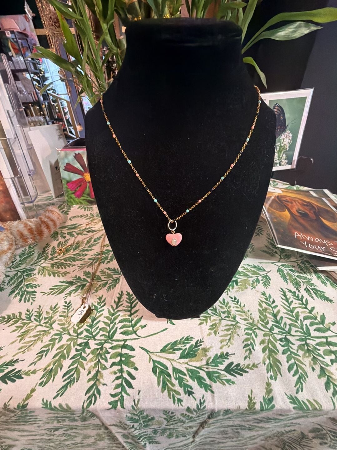 Beaded Chain Necklace with Pink Heart Charm and Front Clasp