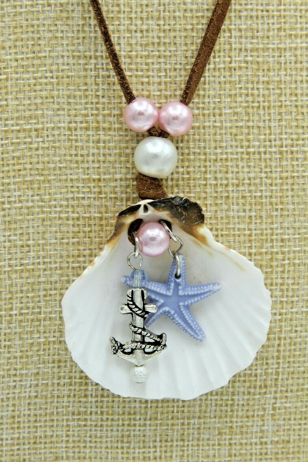 Necklace Leather Cord Shell Starfish Anchor 18″ Coastal Grandma Minimalist Chic