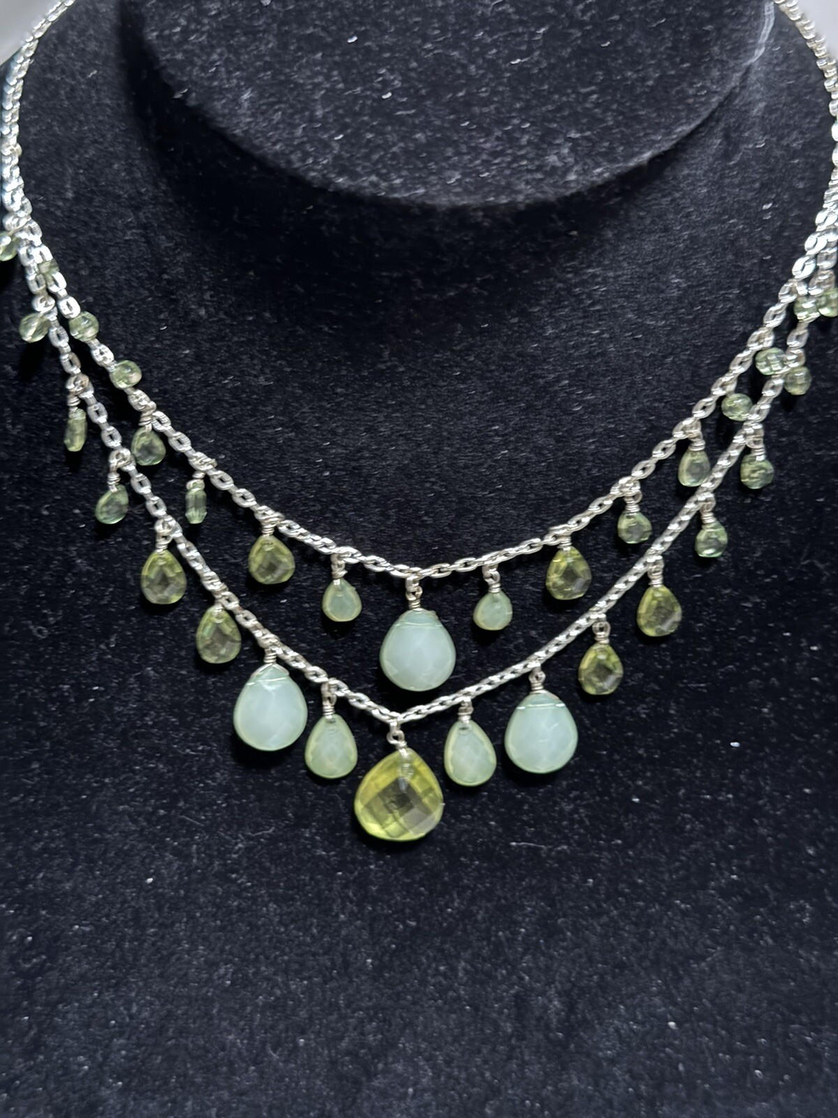 Layered Teardrop Statement Green Necklace Silver Tone with Faux Stones Beads
