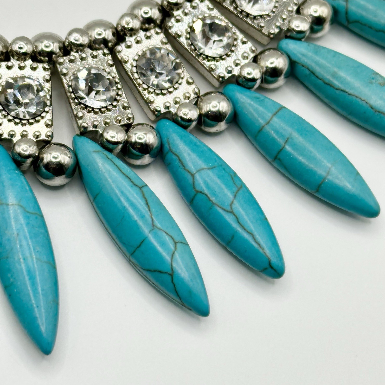 Faux Turquoise Rhinestone Statement Necklace Silver Tone Boho Ethnic 17-21”