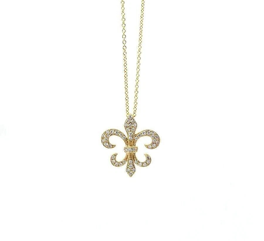 Women 1Ct Simulated Diamond Fleur-De-Lis Pendant Necklace 14K Yellow Gold Plated