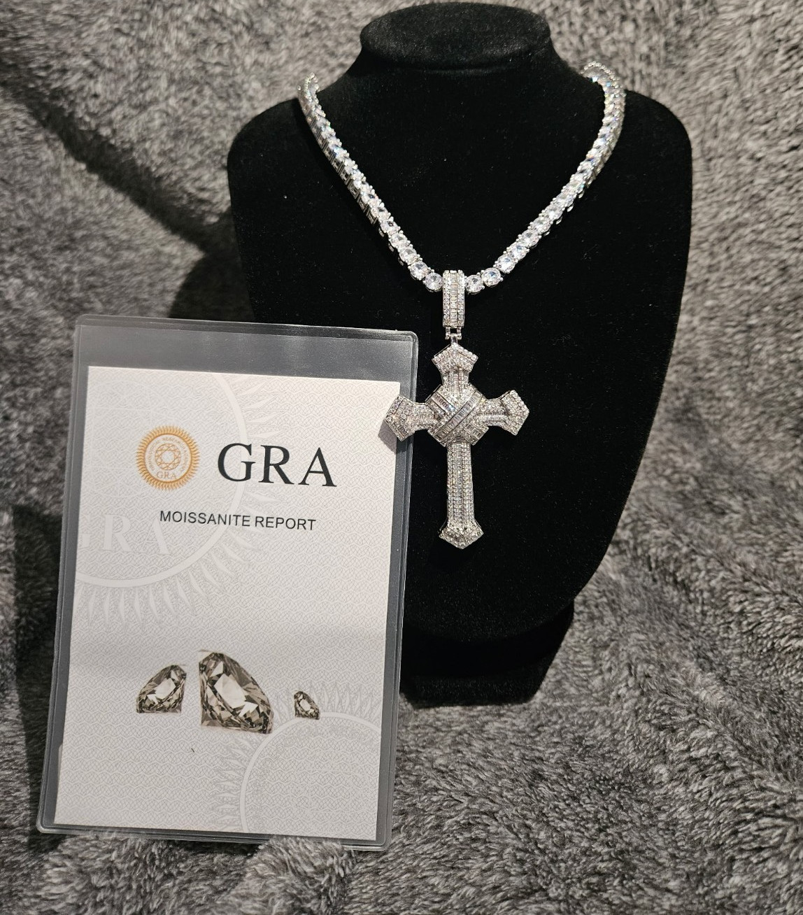 Silver Plated Moissanite Tennis Chain Necklace w/ Cross Charm Pendant, Box