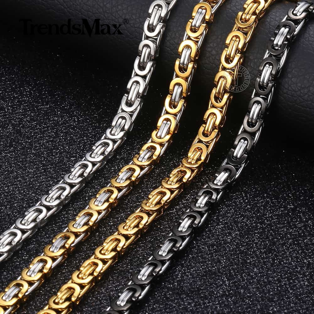 7mm 18-30″ Mens Chain Flat Byzantine Black/Silver/Gold Stainless Steel Necklace