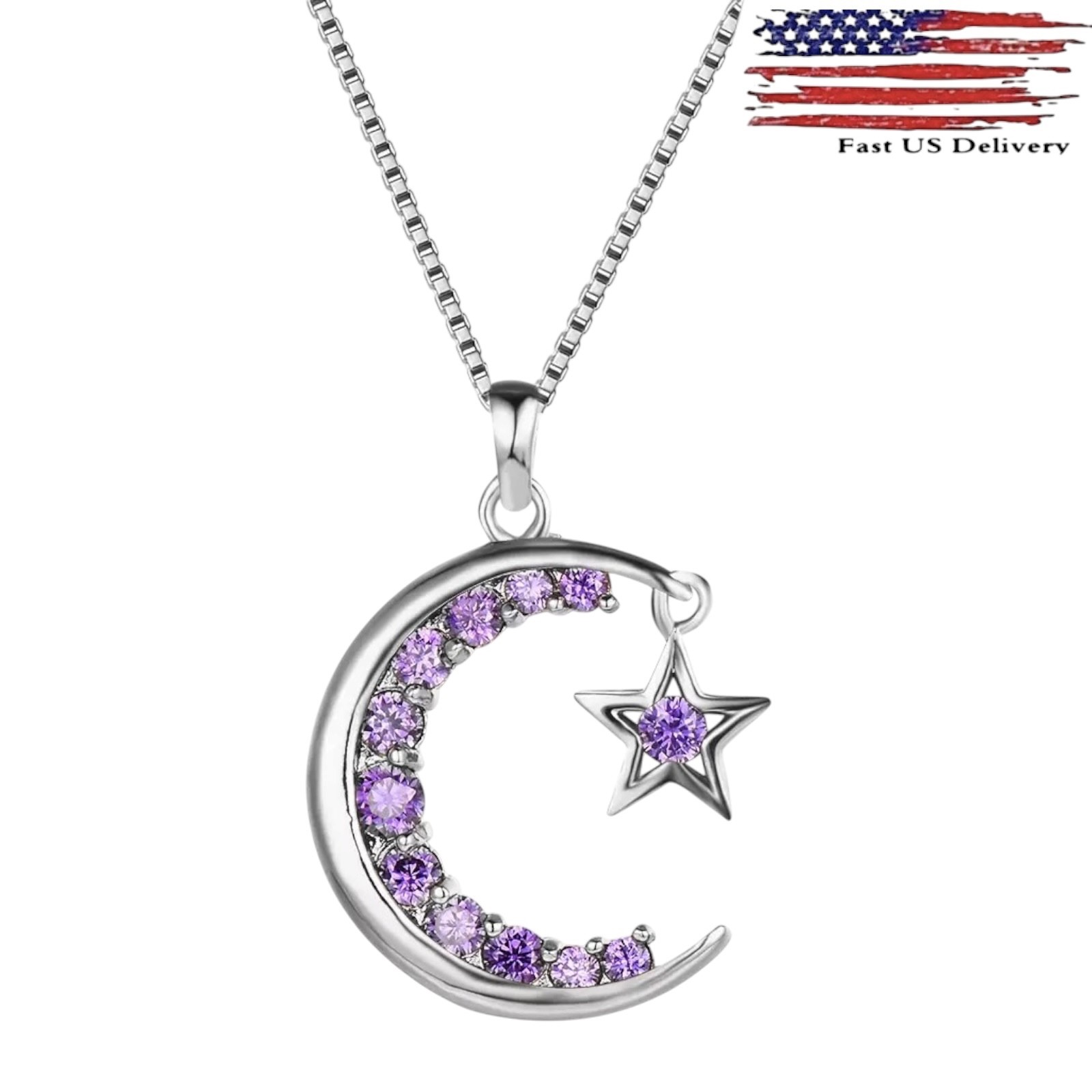 Amethyst Star Crescent Moon Women 925 Sterling Silver Pendant 18″ Necklace A 94
