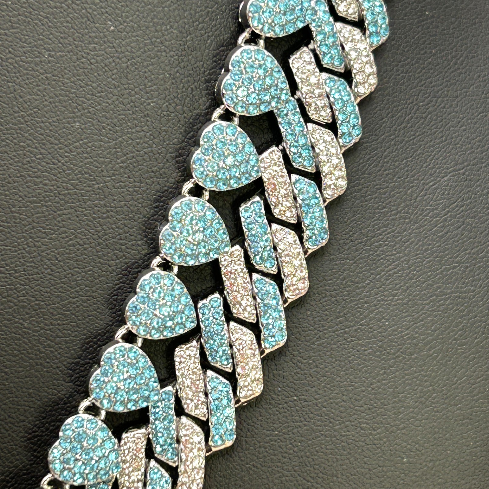 Blue Rhinestone Cuban Link & Heart Chain Necklace Set Statement Jewelry