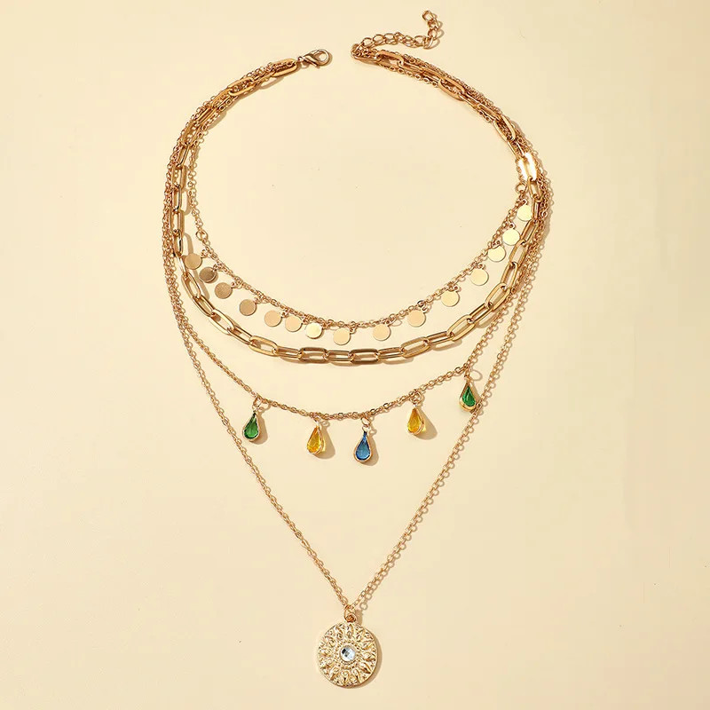 Bohemian Geometric Circular Tassel Crystal Multi-Layer Necklace Women’s Ethnic F