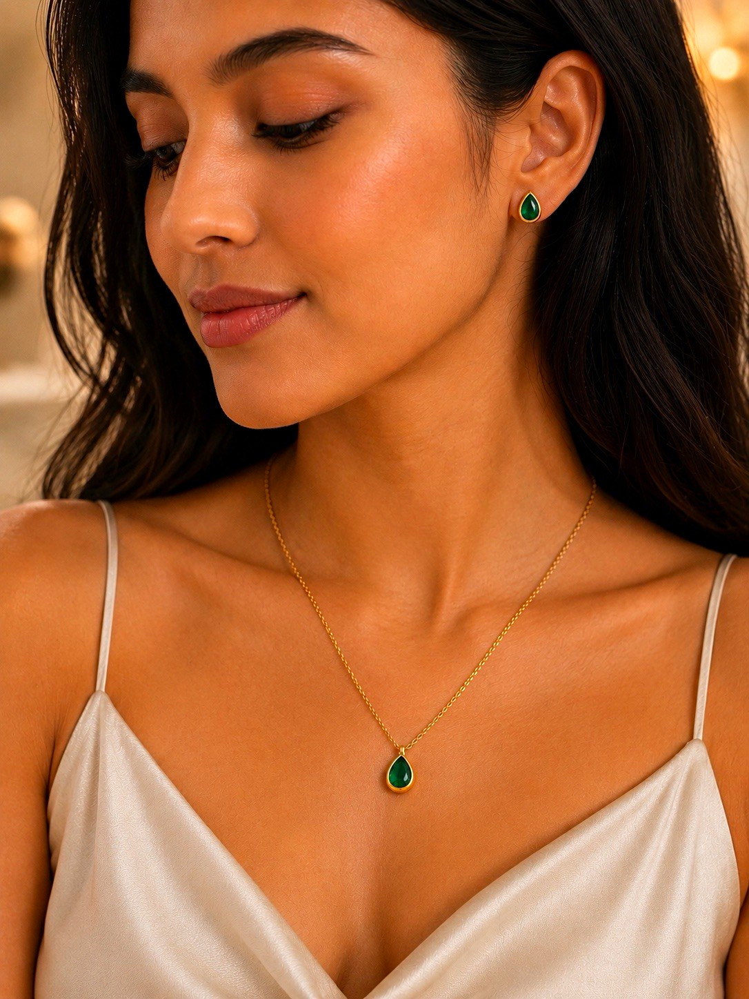 Gold Filled Teardrop Green Stone Necklace and Stud Earring Set
