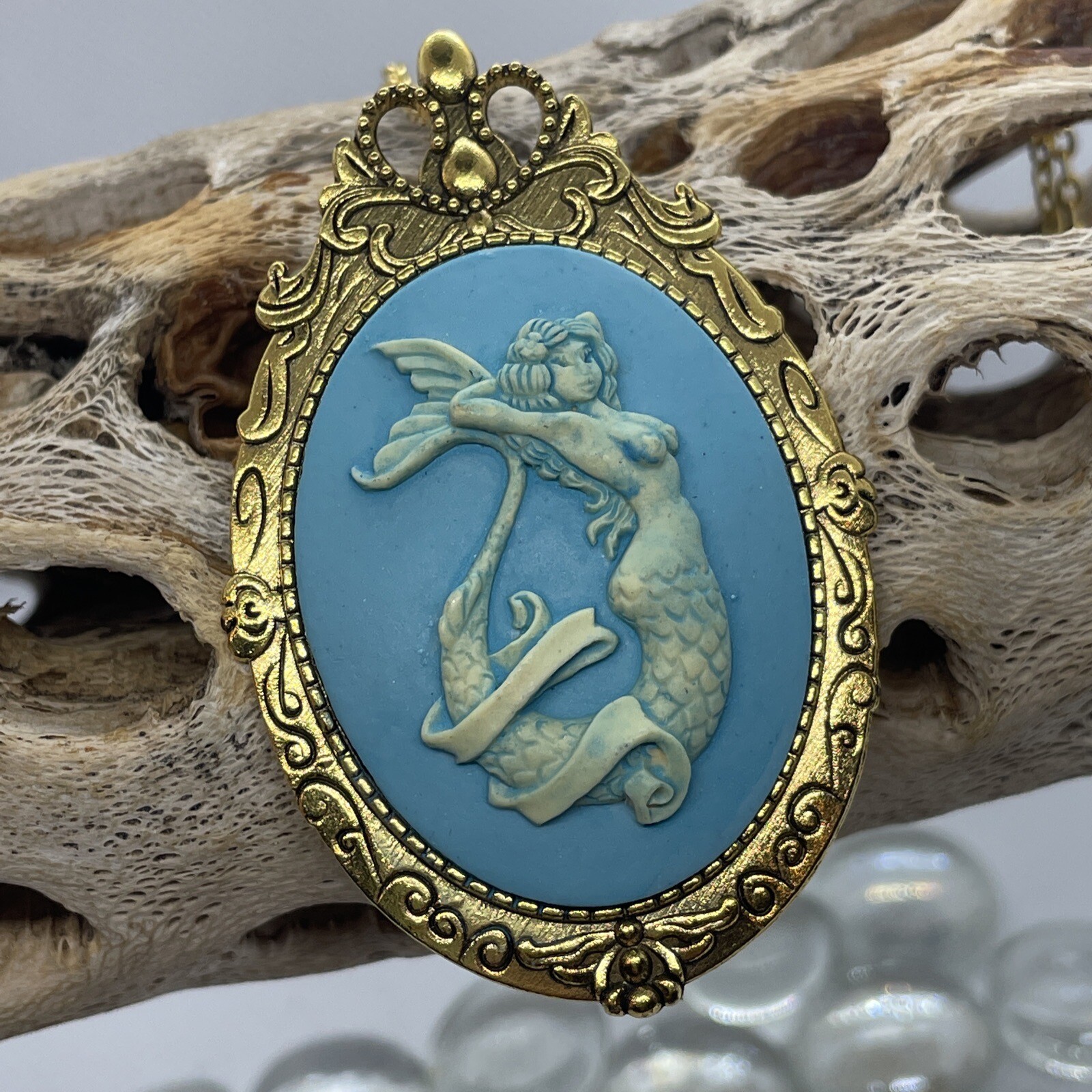 Mermaid Beach BFF Sister Sea Goddess WEDDING Siren Cameo Necklace Teal Gold New