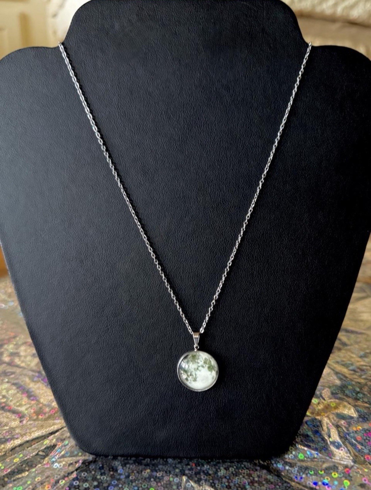 Glow in the Dark ✨ Full Moon Pendant Necklace with Silver Chain 🪐🌌
