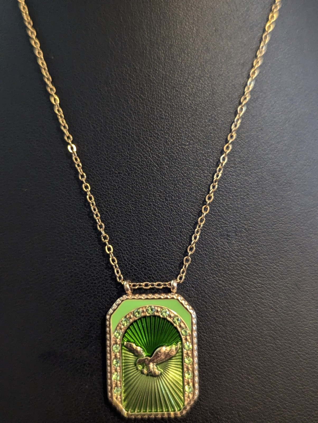 Gold Tone Cable Chain Necklace Green Enamel Eagle Rectangle Charm Crystal