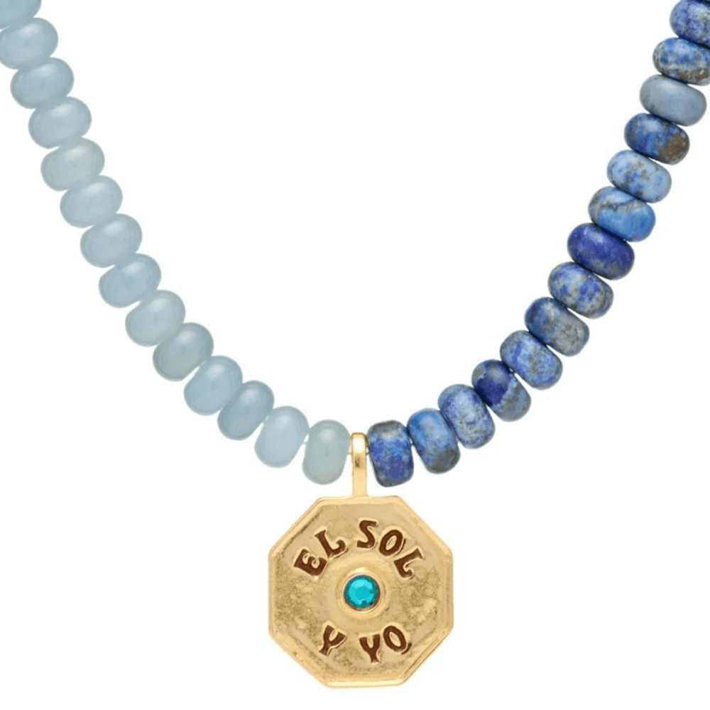 El Sol Y Yo Gold Pendant Necklace with Natural Stone Blue Beads by Mayamar
