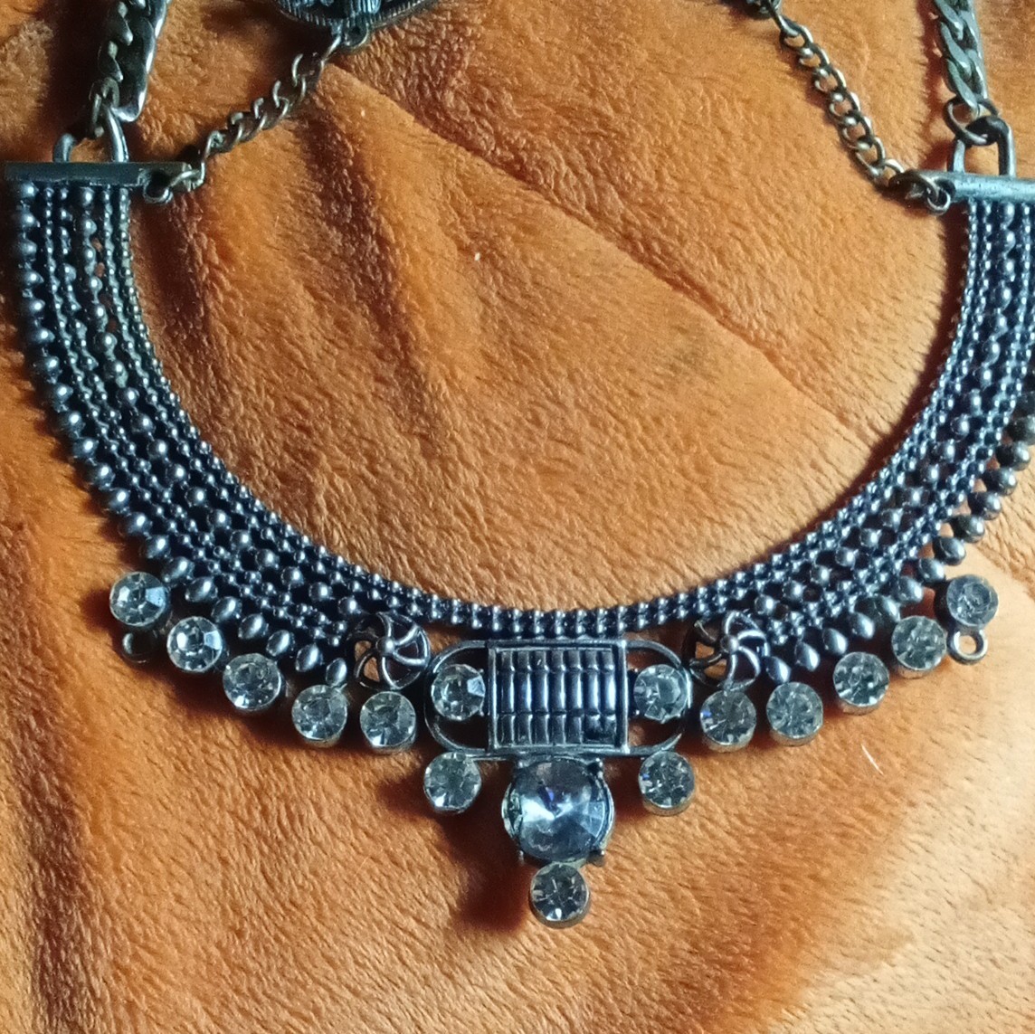 Silver Tone Statement Collar Necklace Curb Chain Adjustable Clear Round Crystal