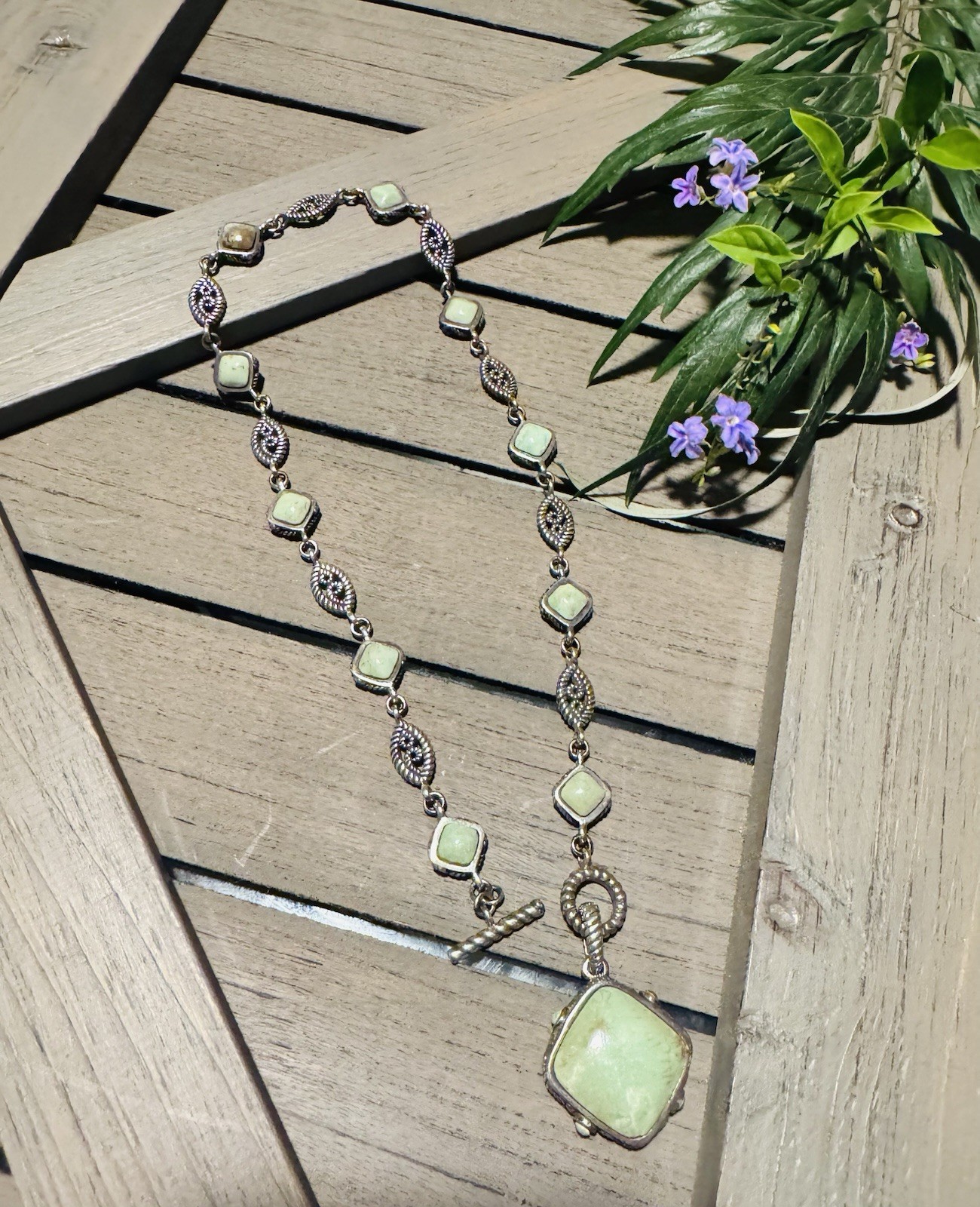 Vintage BARSE 925 Sterling Silver (62g) & Natural Light Green Turquoise Necklace