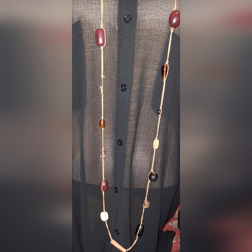 long wood, Art glass indonesian style cord Station Boho Beaded necklace