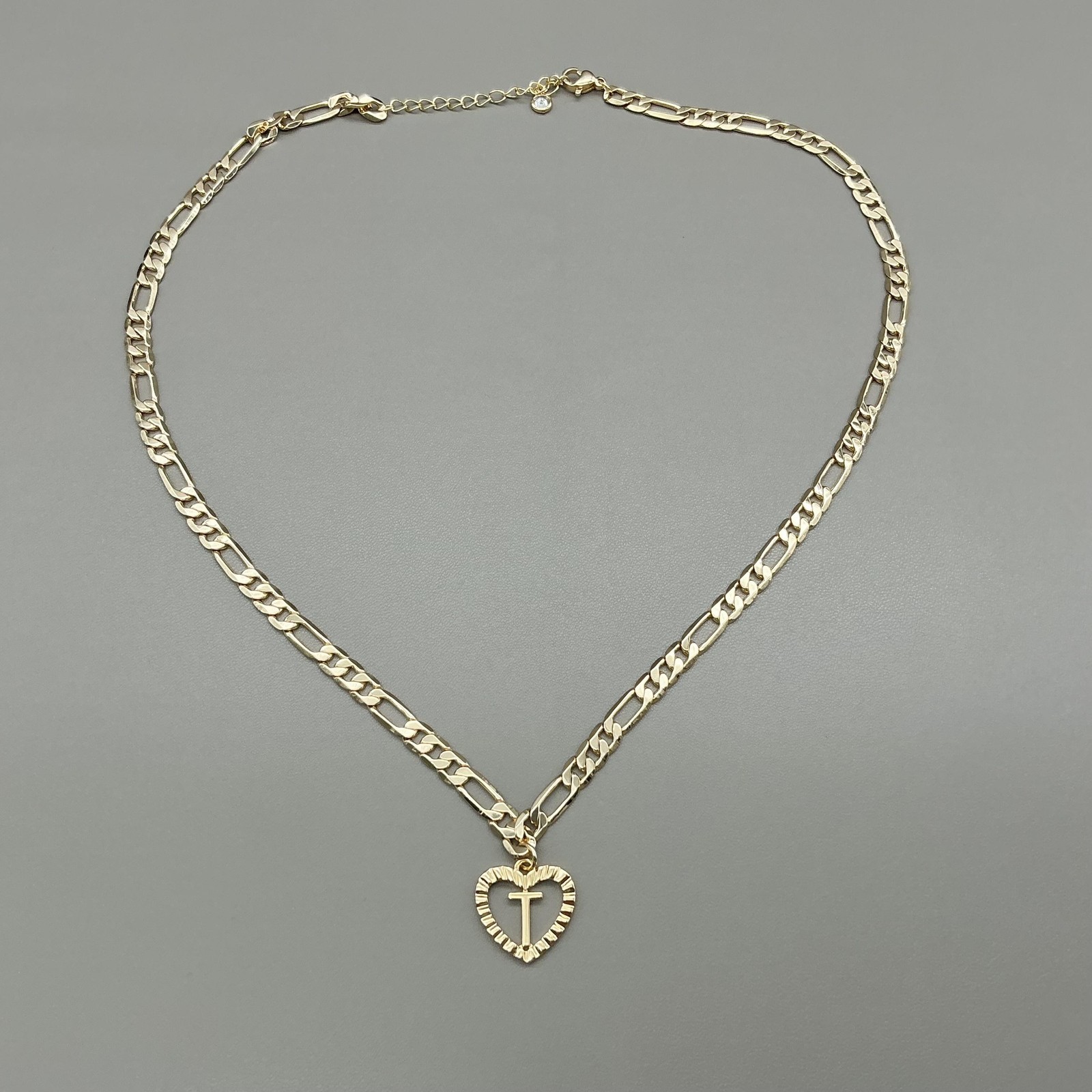 Necklace Gold Tone Figaro Chain Heart Initial Letter T Pendant Womens Jewelry