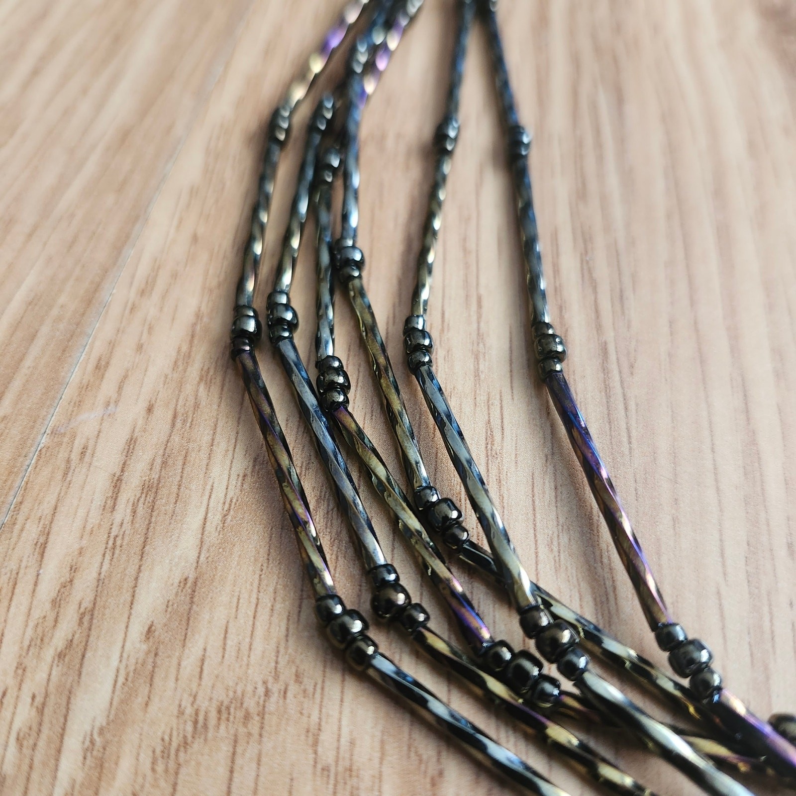 Black Iridescent Multistrand Bugle Bead Necklace 6 Strand Toggle Clasp Boho 27in