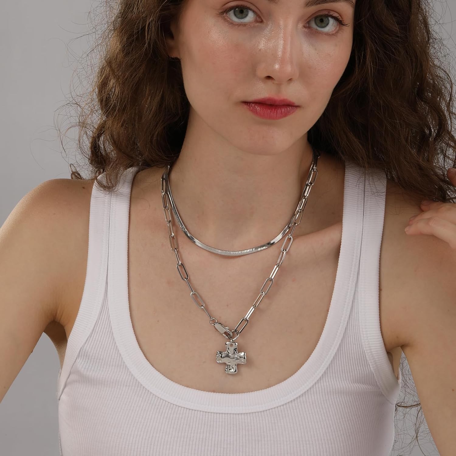 Cross Necklace for Women Trendy 14K Gold Silver Layered Statement Cross P