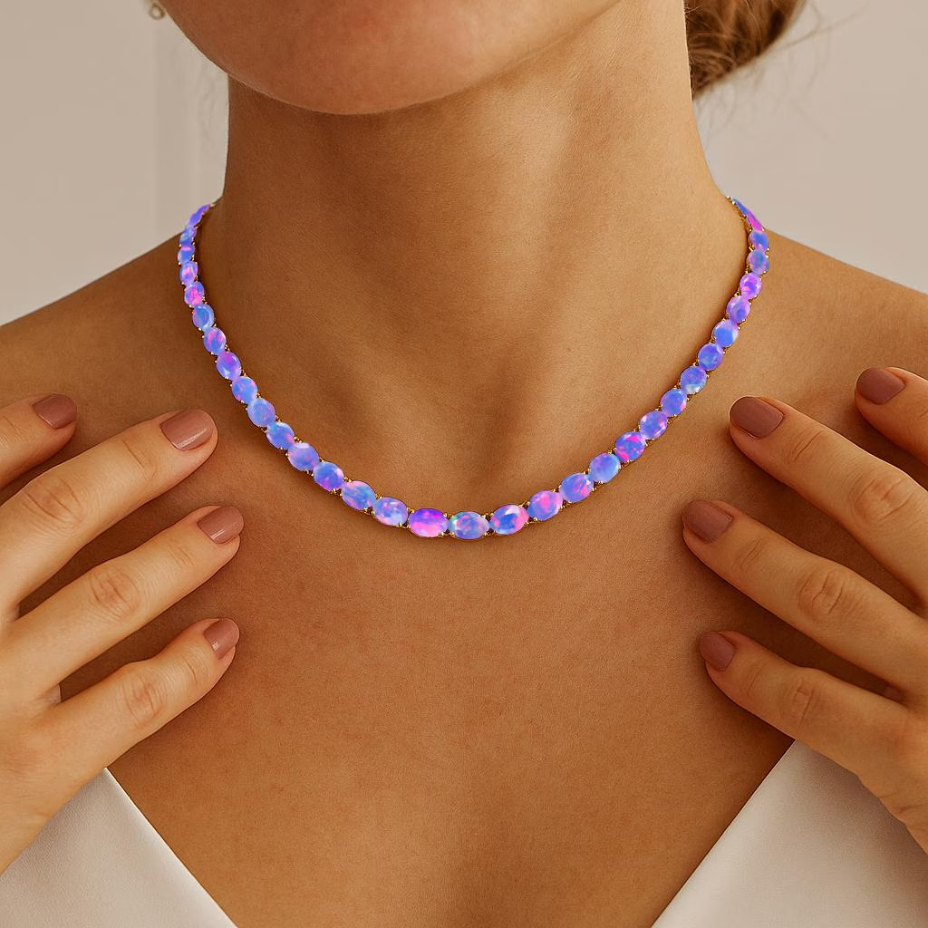 AAA Lavender Opal Gemstone Tennis Necklace for Her, Opal Gemstone 925 Silver