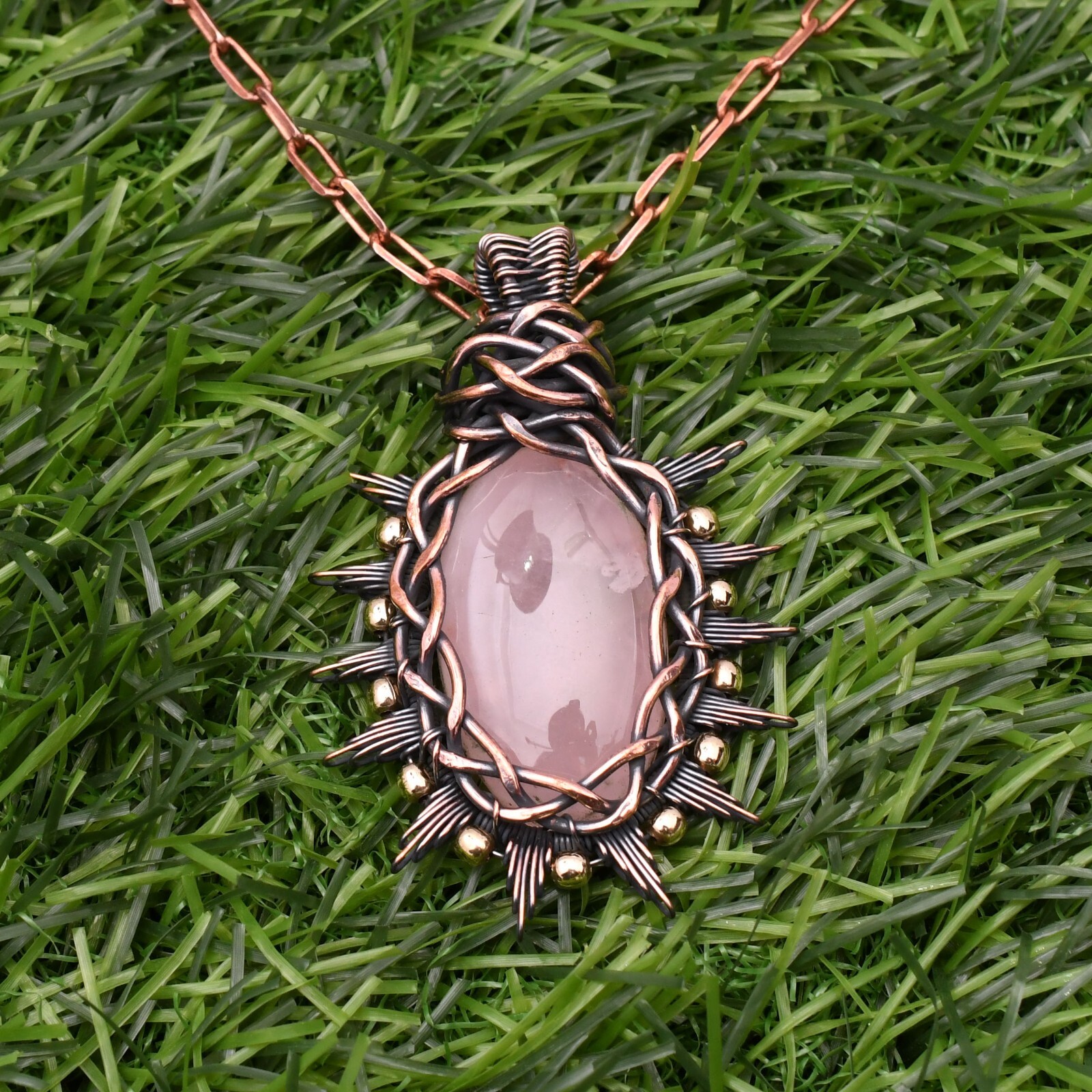 Natural Rose Quartz Gemstone Copper Wire Wrap Handmade Jewelry Pendant 2.28″