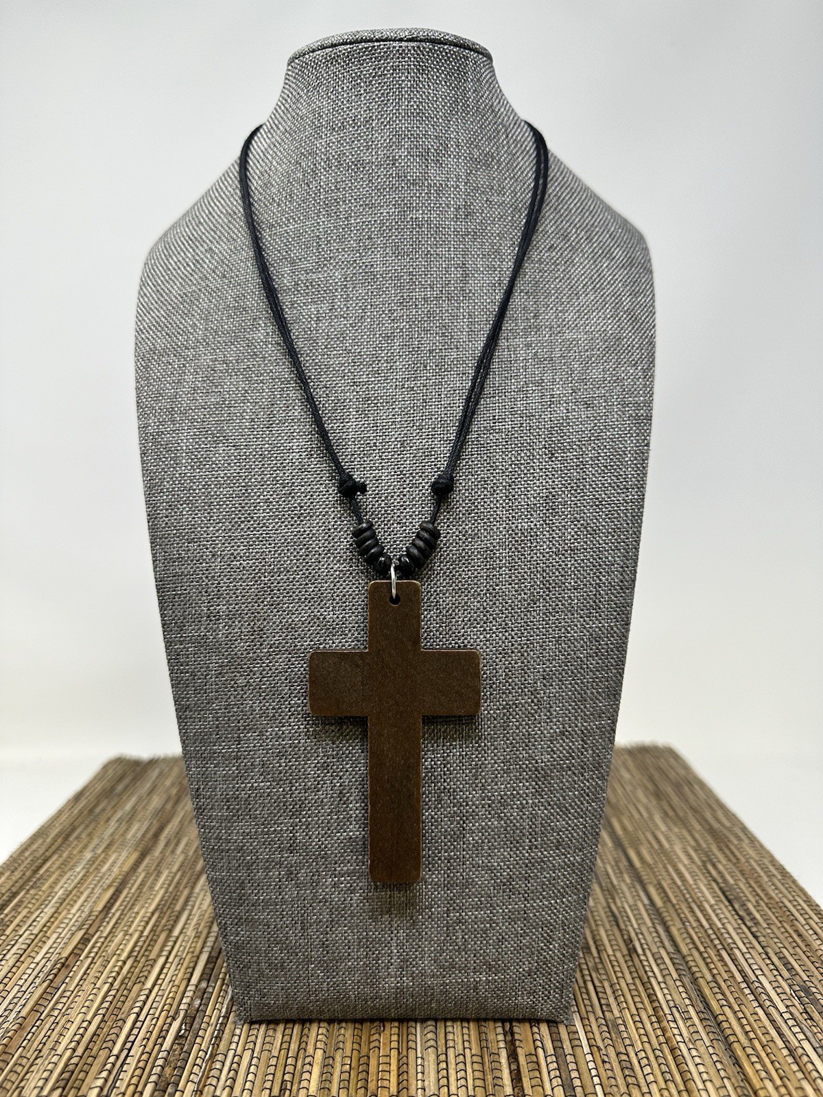 Wooden Cross Necklace 3in Brown Pendant Adjustable 16‑30in Sliding Knots Unisex