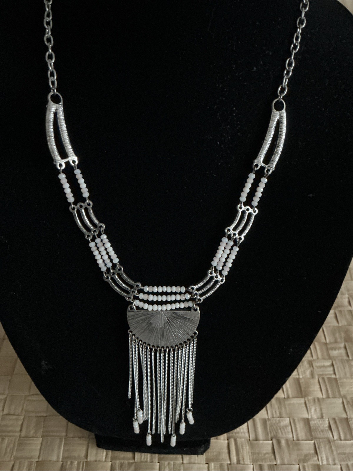Silver Tone Beaded Art Deco Fringed Pendant Necklace